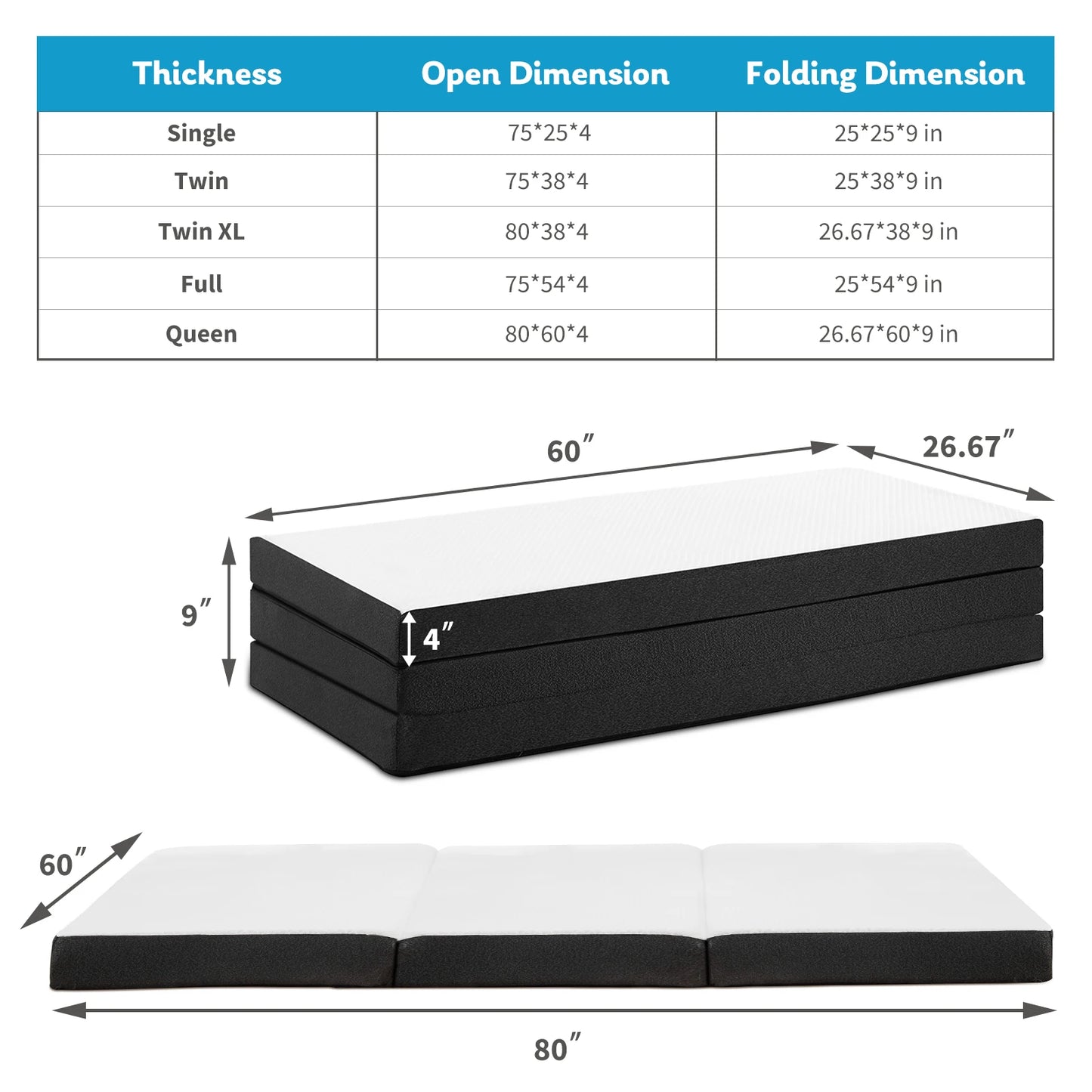JHK Three Fold Portable Floor Bed Memory Foam For Travel And Camping