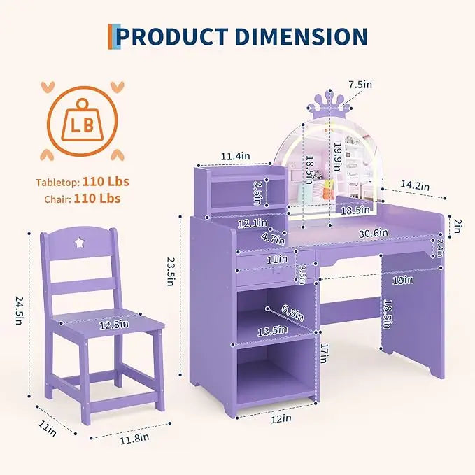 HiMISS Kids Vanity With Lights Princess Makeup Desk And Chair Set