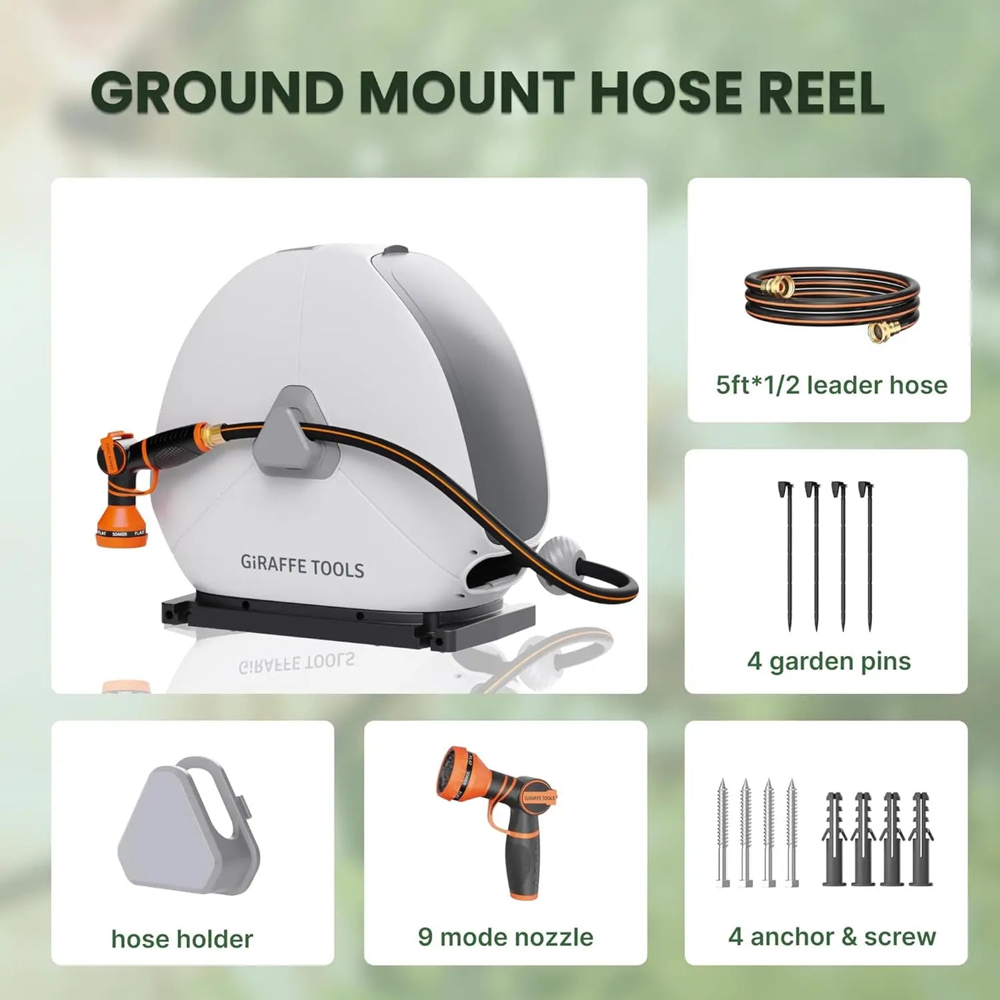 Giraffe Tools Retractable Garden Hose Reel Ground Mount With Automatic Rewind