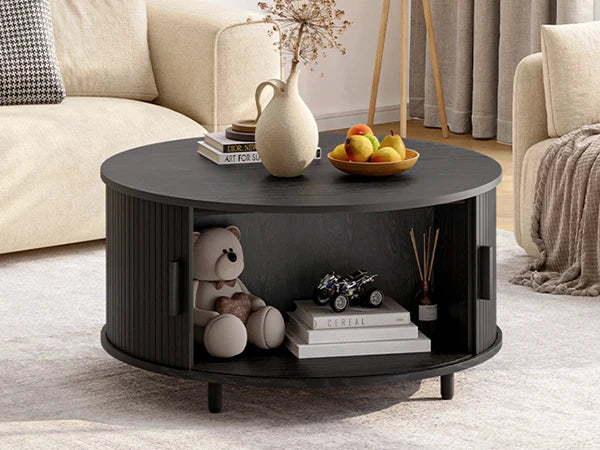 ONBRILL Round Coffee Table With Storage And Sliding Door