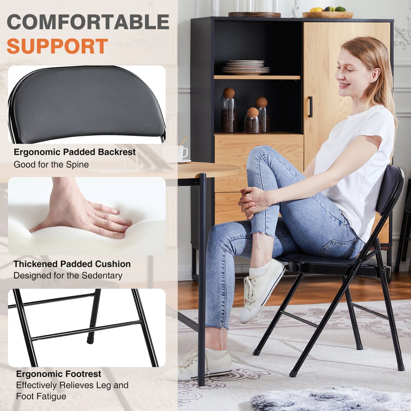 JHK Leather Padded Folding Chairs for Living Room Set of 4