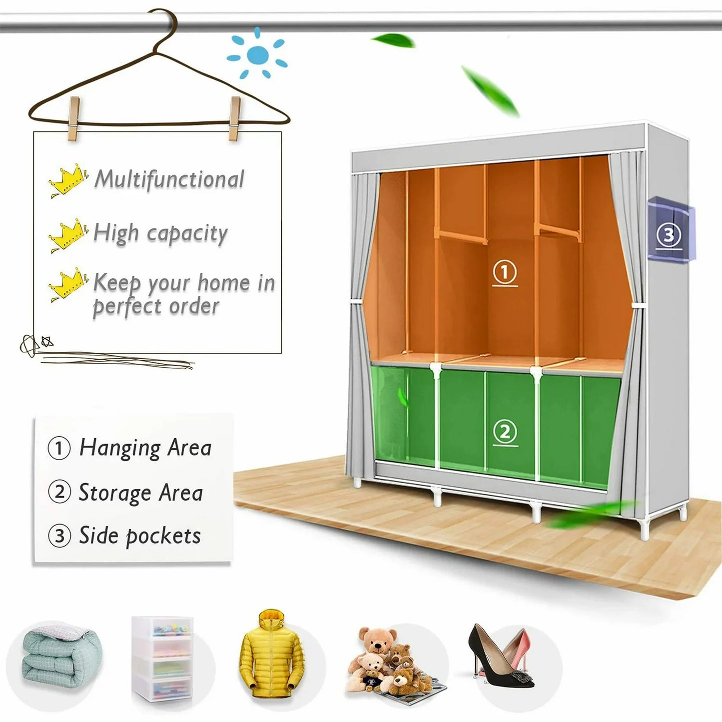 Nonwoven Fabric Closet Organizer Rack With Hanging Rod Portable