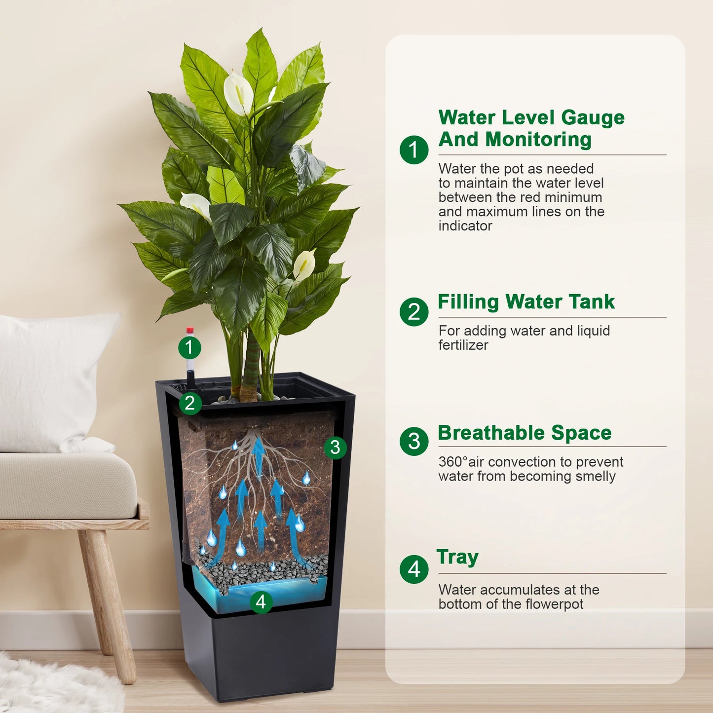 Two-Piece Planter Pots for Indoor Outdoor Drainage and Auto Watering