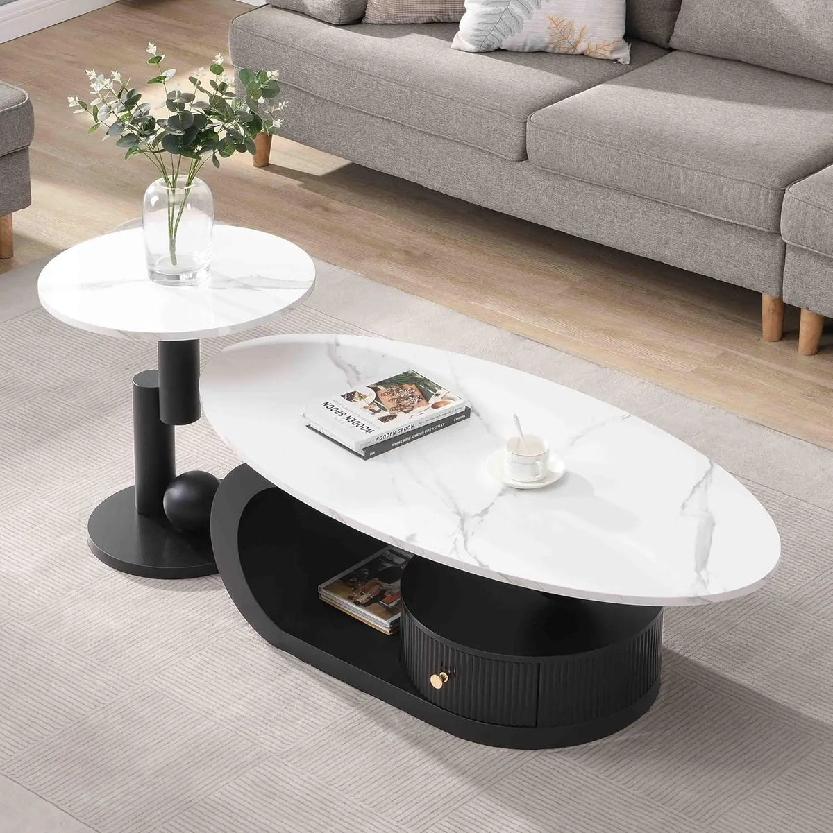 Modern Coffee Table With Sintered Stone Top And Pedestal