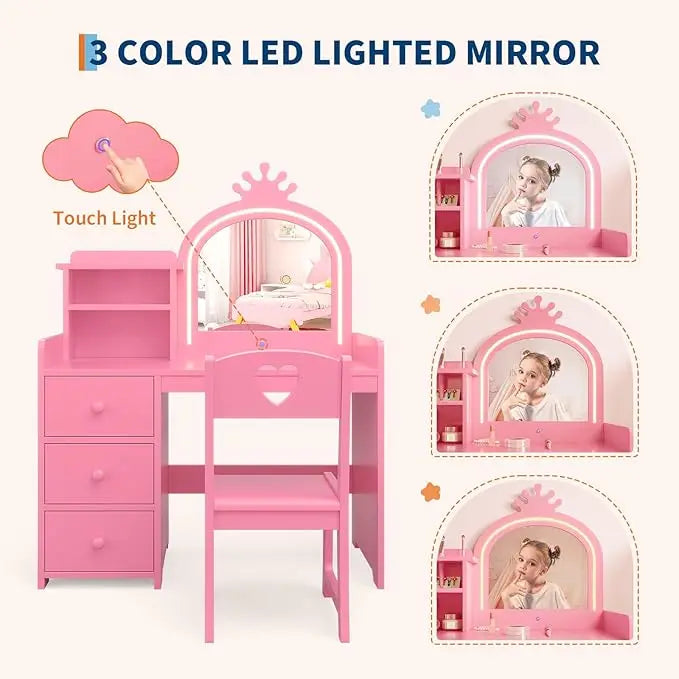 HiMISS Kids Vanity With Lights Princess Makeup Desk And Chair Set
