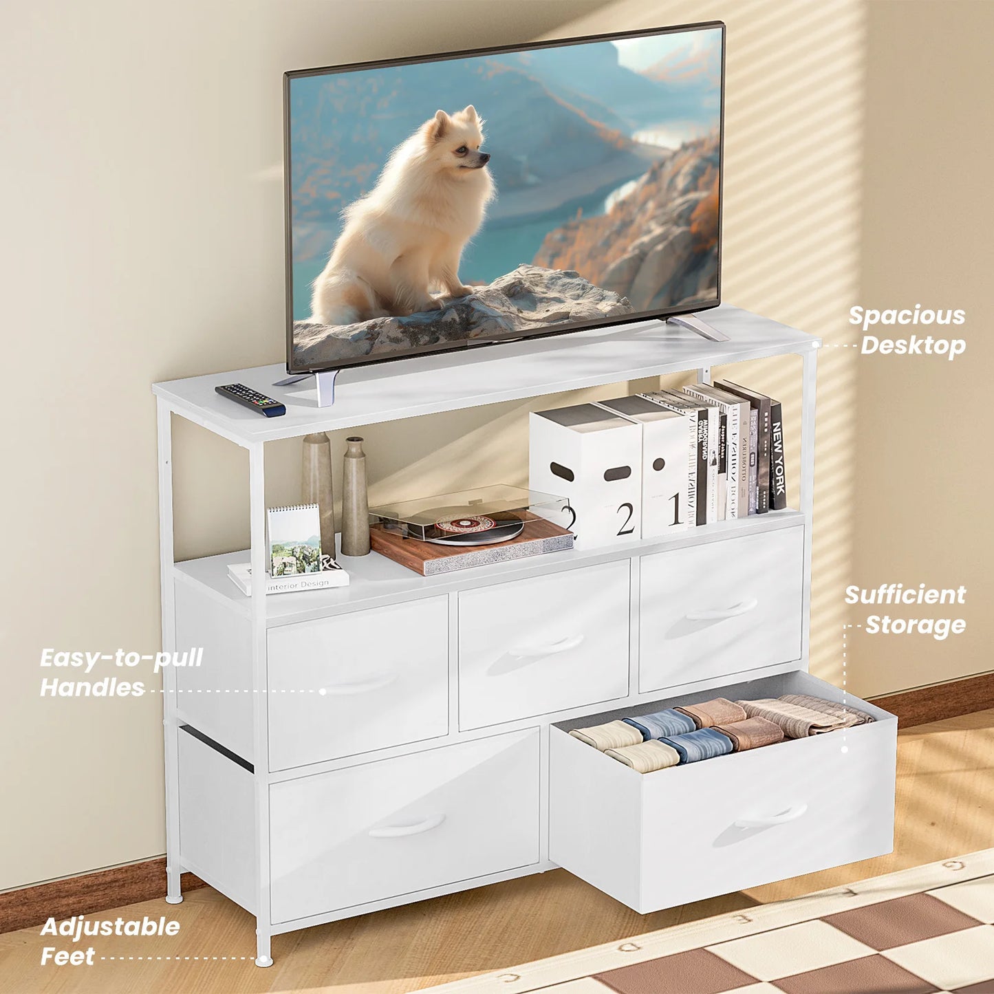 MCQ TV Stand Dresser 5 Fabric Storage Drawers Media Console