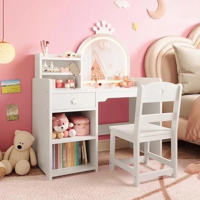 HiMISS Kids Vanity With Lights Princess Makeup Desk And Chair Set