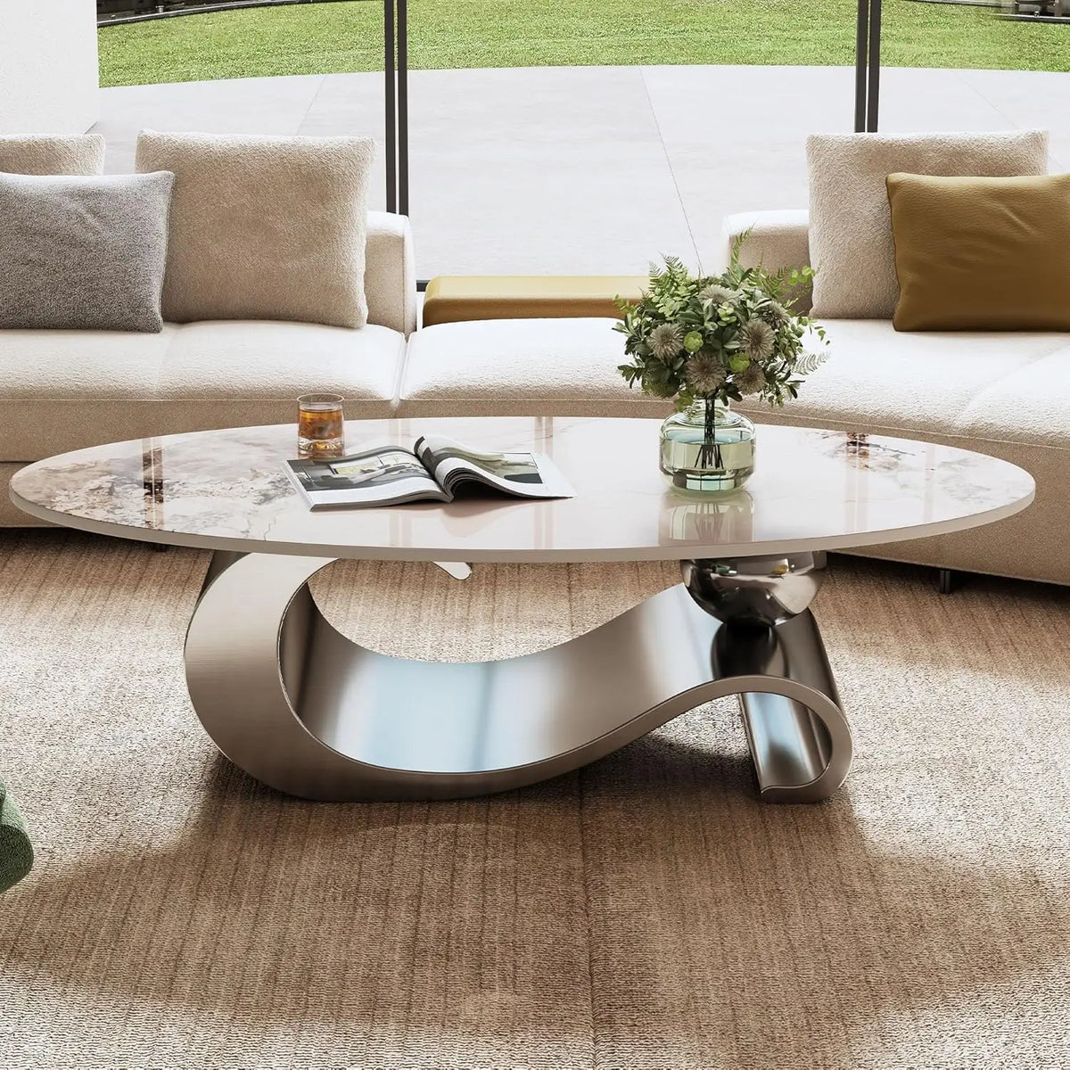 Modern Coffee Table With Sintered Stone Top And Pedestal