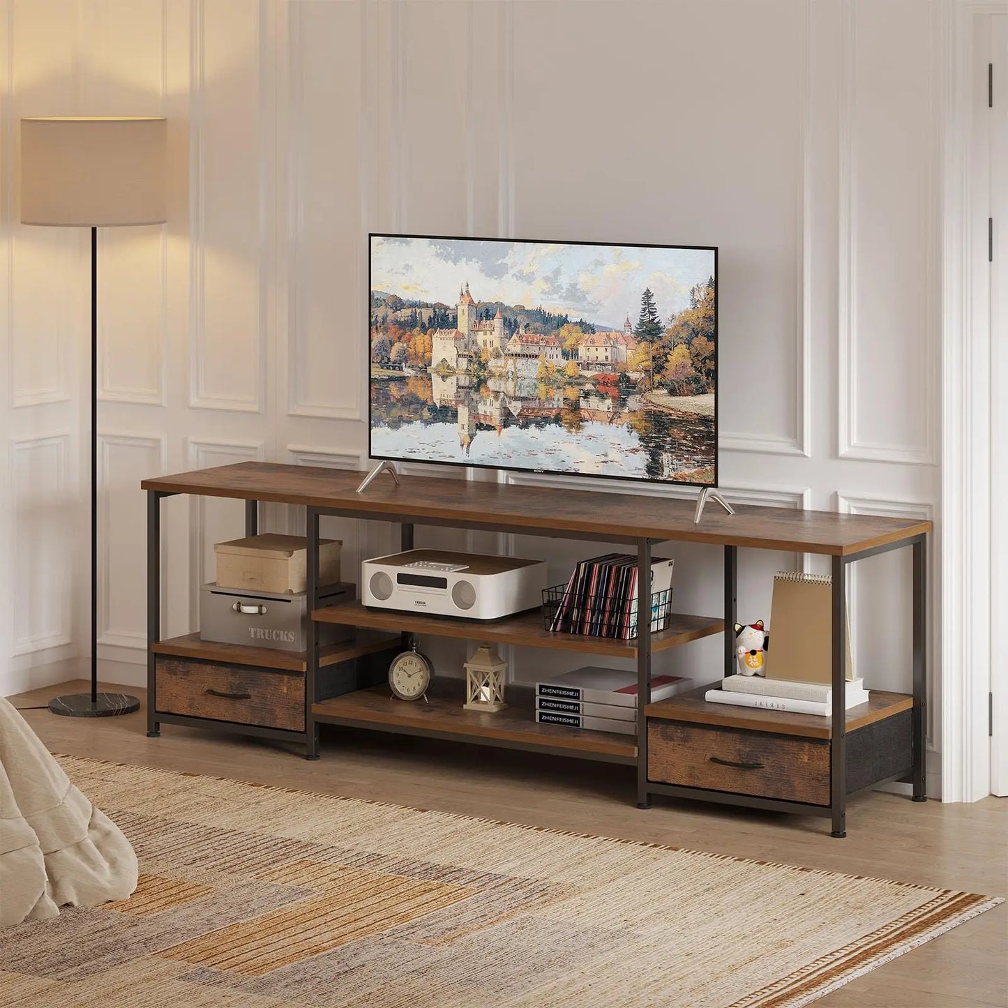 JHK Modern Wooden Tv Stand With Dual Storage Shelves