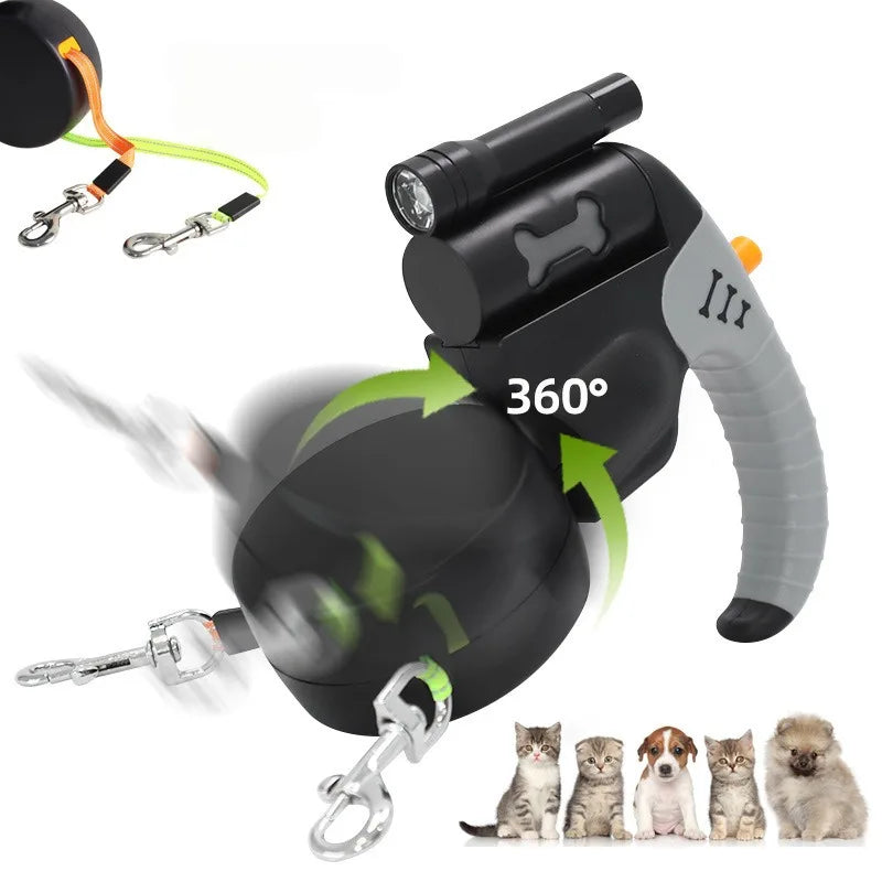 Auto Retractable Double Dog Leash With LED Light 3M Rope