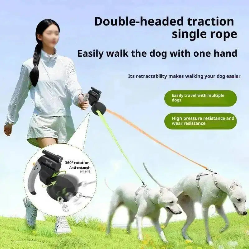 Auto Retractable Double Headed Dog Leash With LED Light For Two Dogs