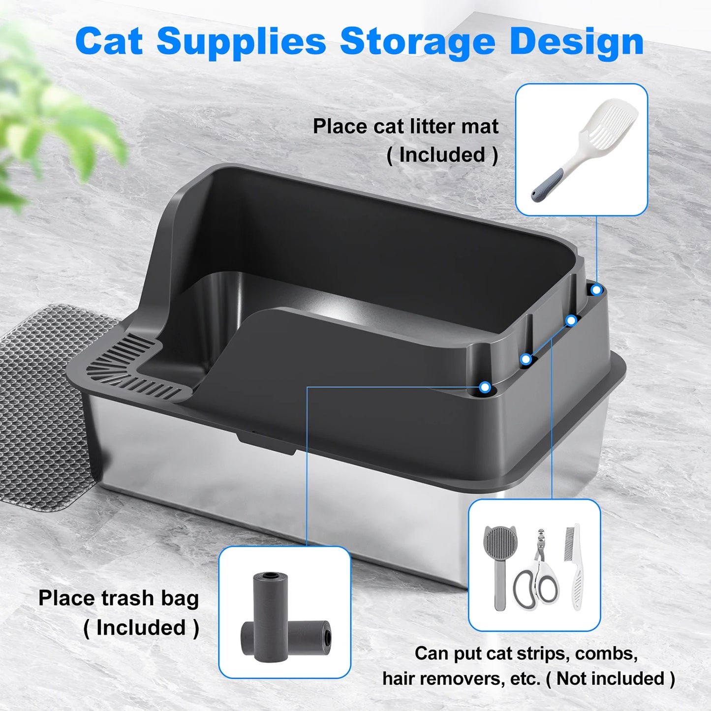 Stainless Steel Cat Litter Box Splash-Proof Leak-Proof