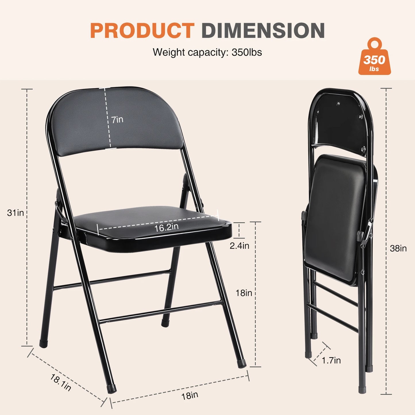 JHK Leather Padded Folding Chairs for Living Room Set of 4