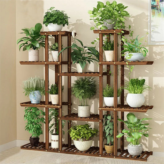 11 Tier Carbonized Wood Plant Stand Display Shelf For Indoor Outdoor