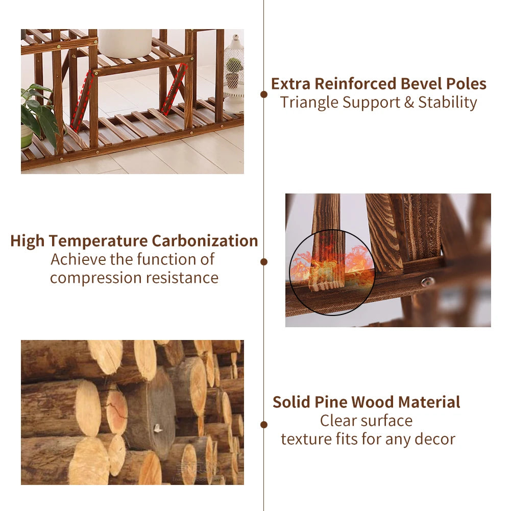 11 Tier Carbonized Wood Plant Stand Display Shelf For Indoor Outdoor