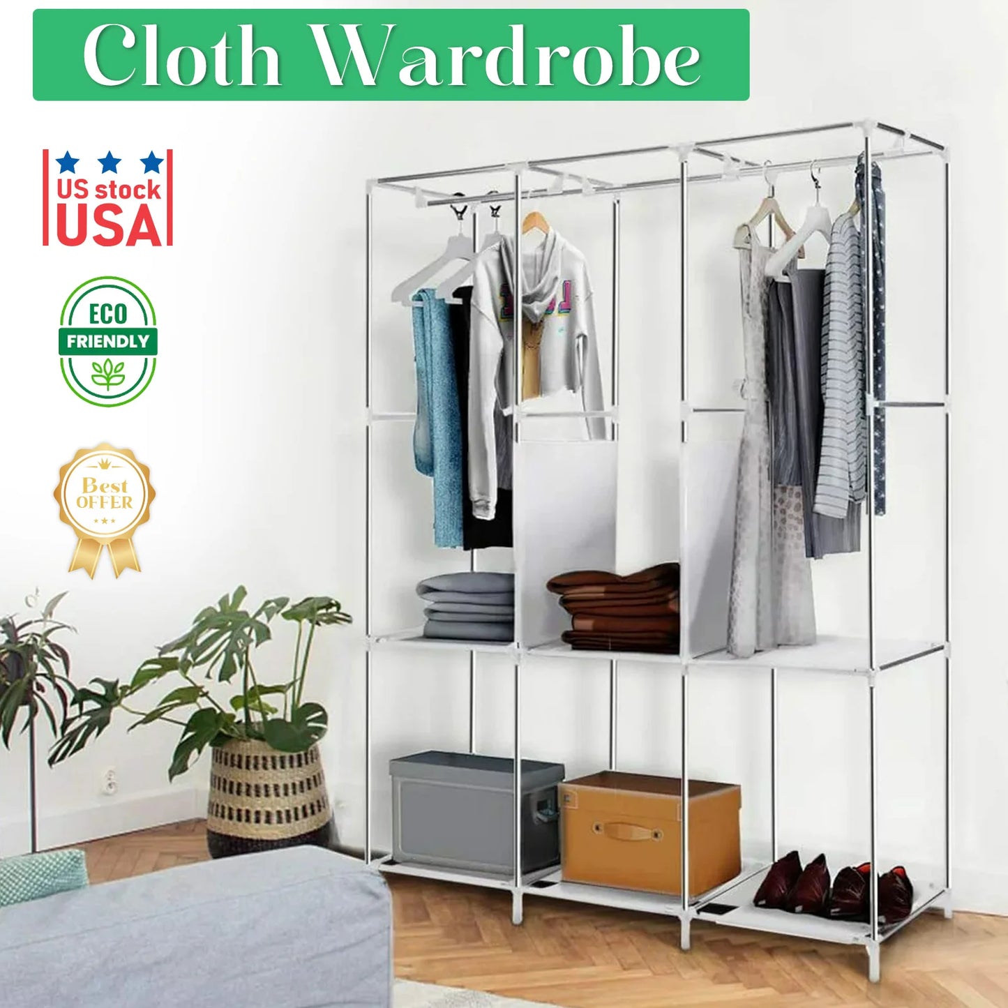 Nonwoven Fabric Closet Organizer Rack With Hanging Rod Portable