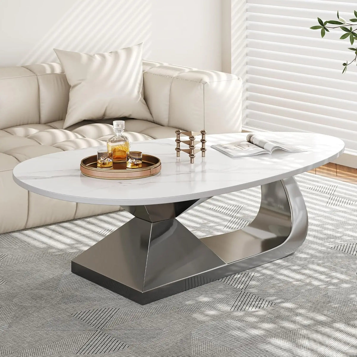 Modern Coffee Table With Sintered Stone Top And Pedestal