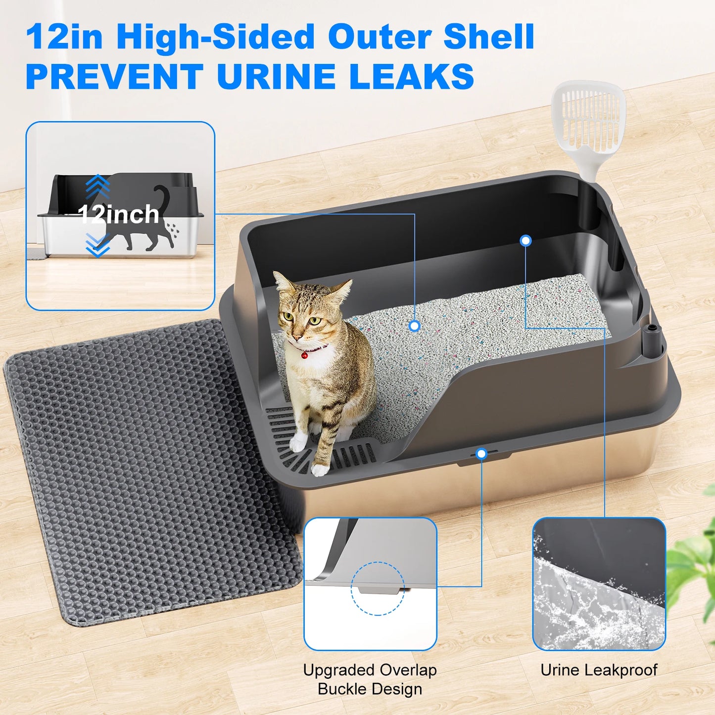 Stainless Steel Cat Litter Box Splash-Proof Leak-Proof