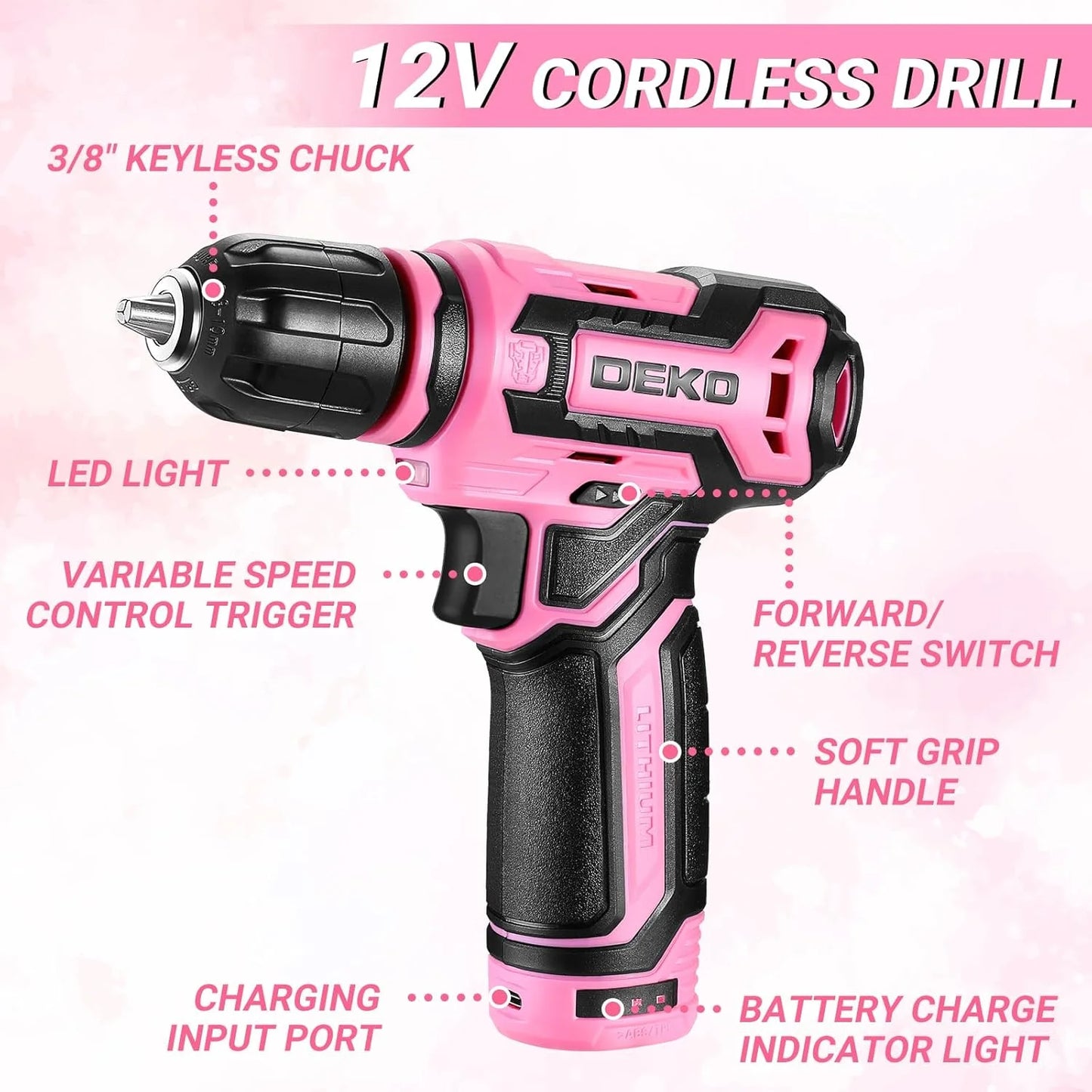 DEKO 12V Cordless Drill Set With Toolbox Storage Case