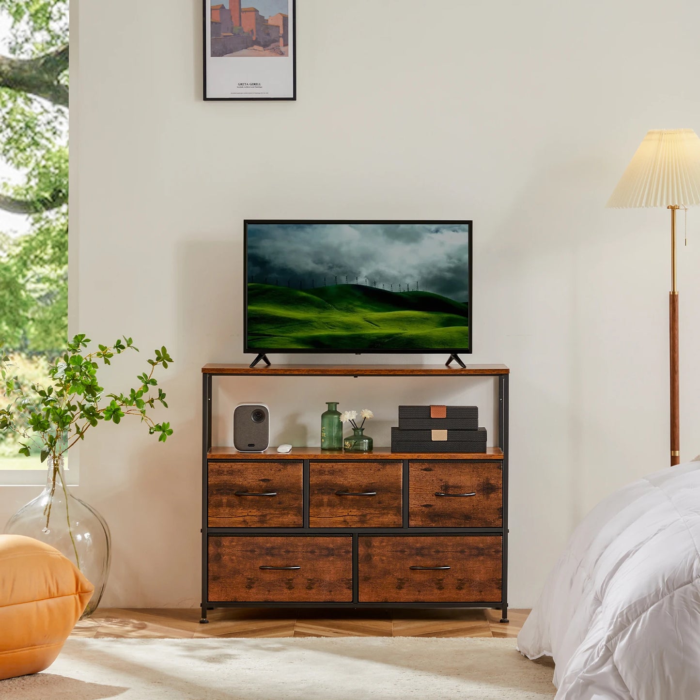 MCQ TV Stand Dresser 5 Fabric Storage Drawers Media Console