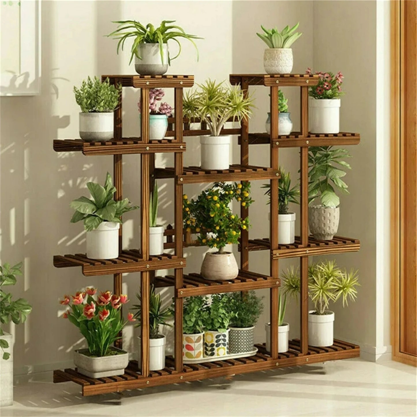 11 Tier Carbonized Wood Plant Stand Display Shelf For Indoor Outdoor
