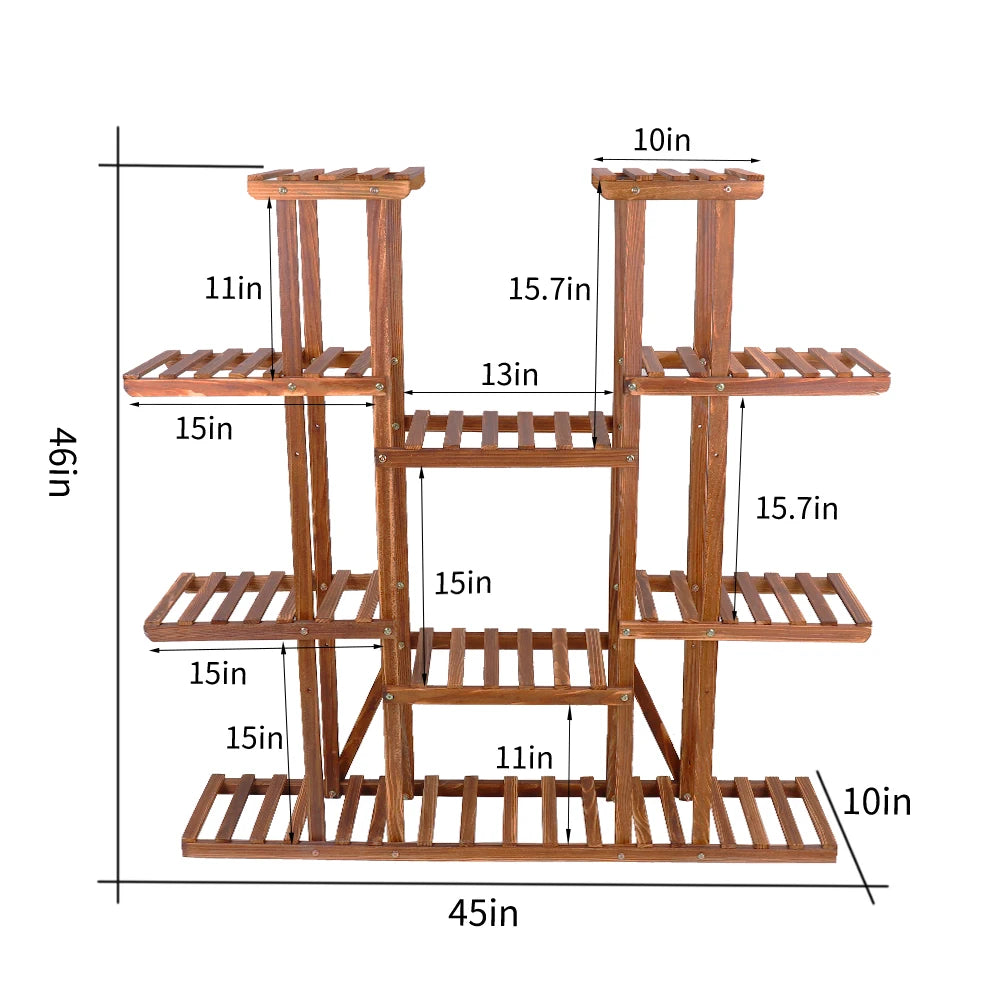 11 Tier Carbonized Wood Plant Stand Display Shelf For Indoor Outdoor