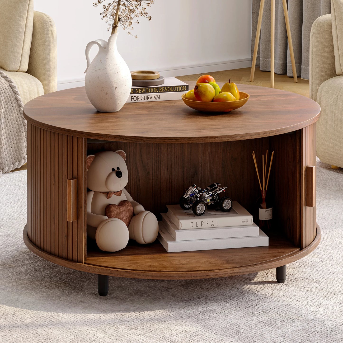 ONBRILL Round Coffee Table With Storage And Sliding Door
