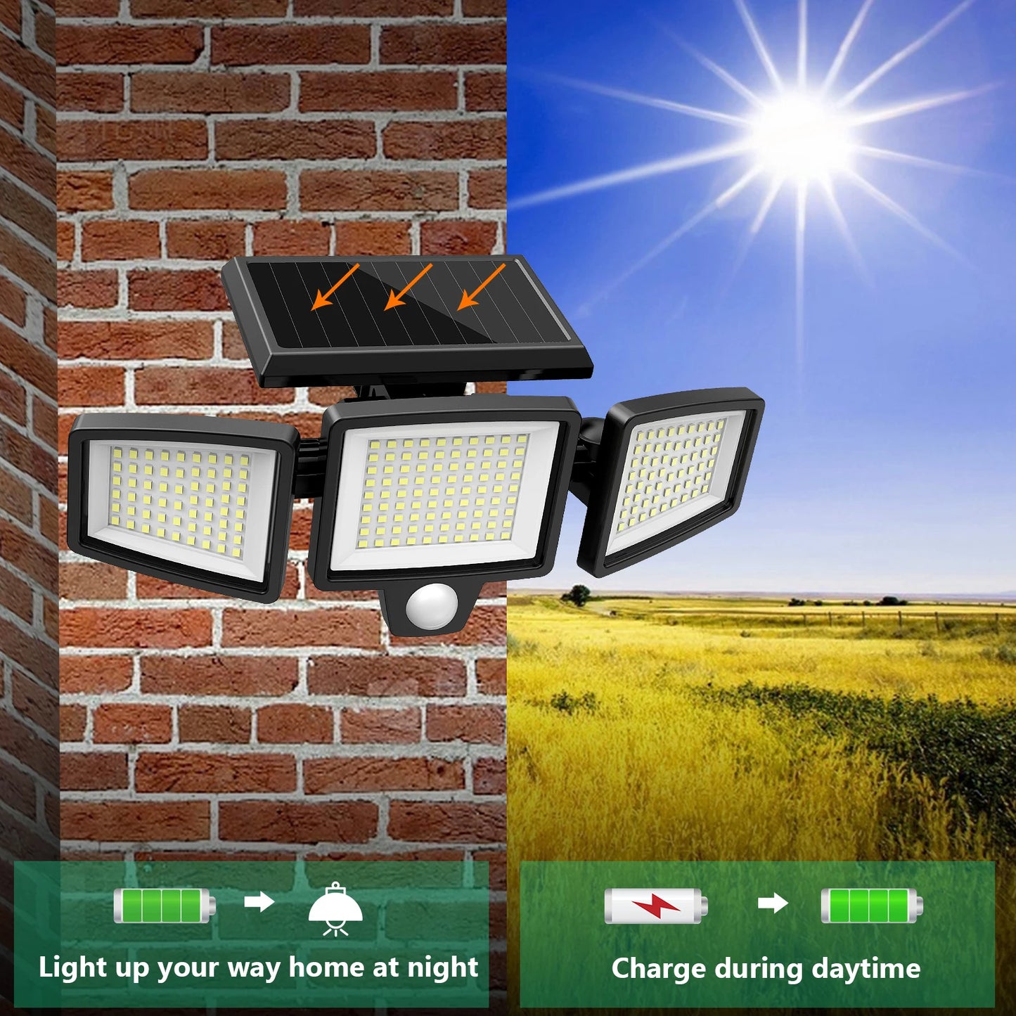 SZRSTH 3-Head Solar Outdoor Motion Sensor Light With Wireless Remote