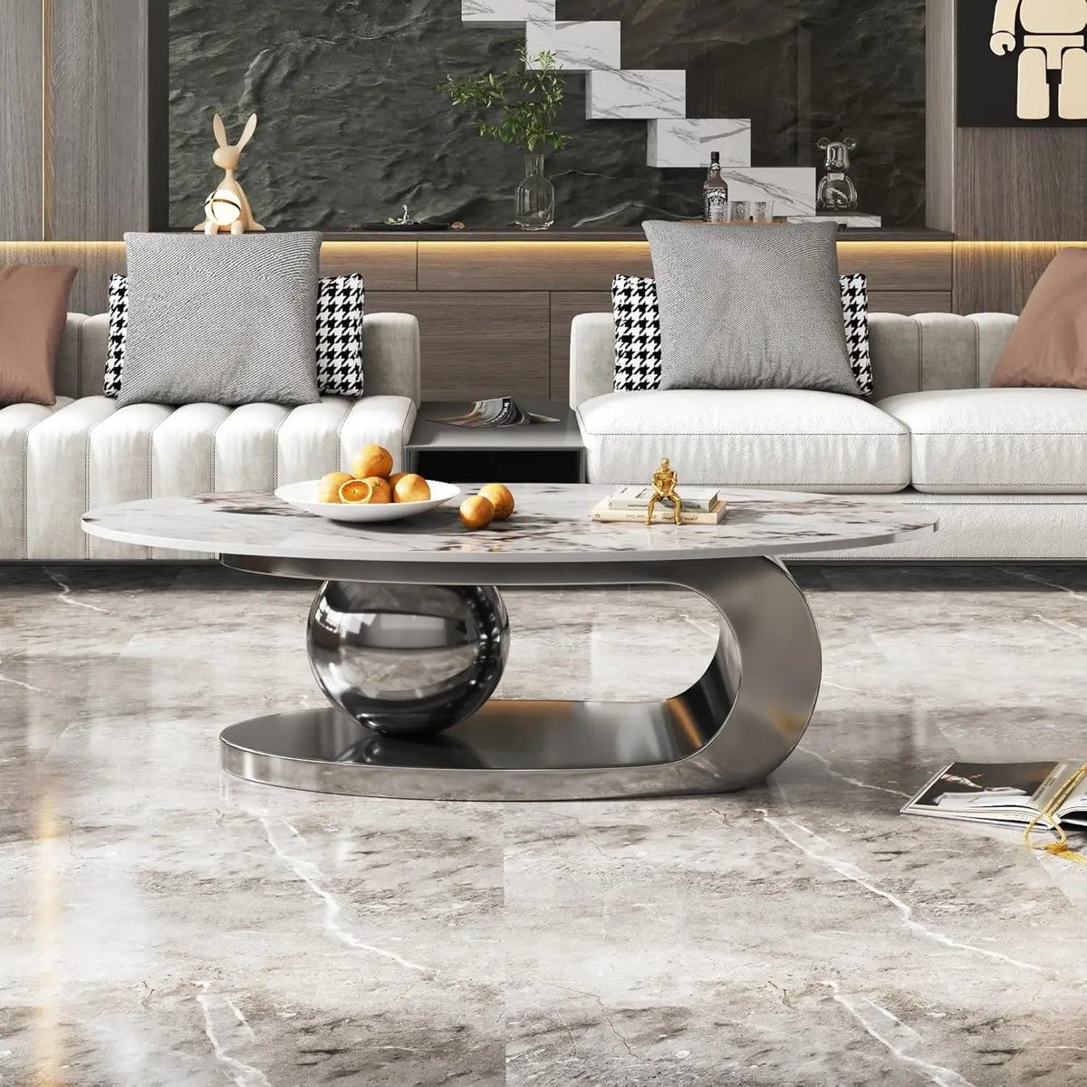 Modern Coffee Table With Sintered Stone Top And Pedestal