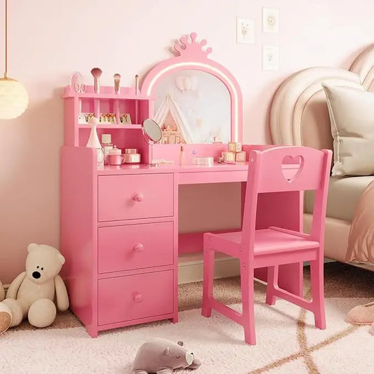HiMISS Kids Vanity With Lights Princess Makeup Desk And Chair Set