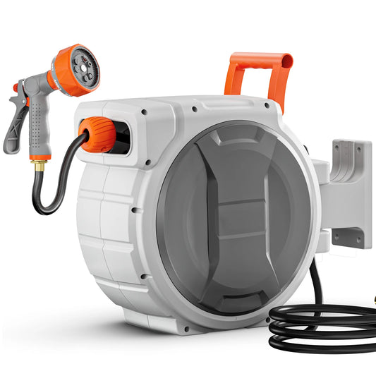 SucceBuy Retractable Garden Hose Reel Wall-Mounted With 9-Pattern Nozzle