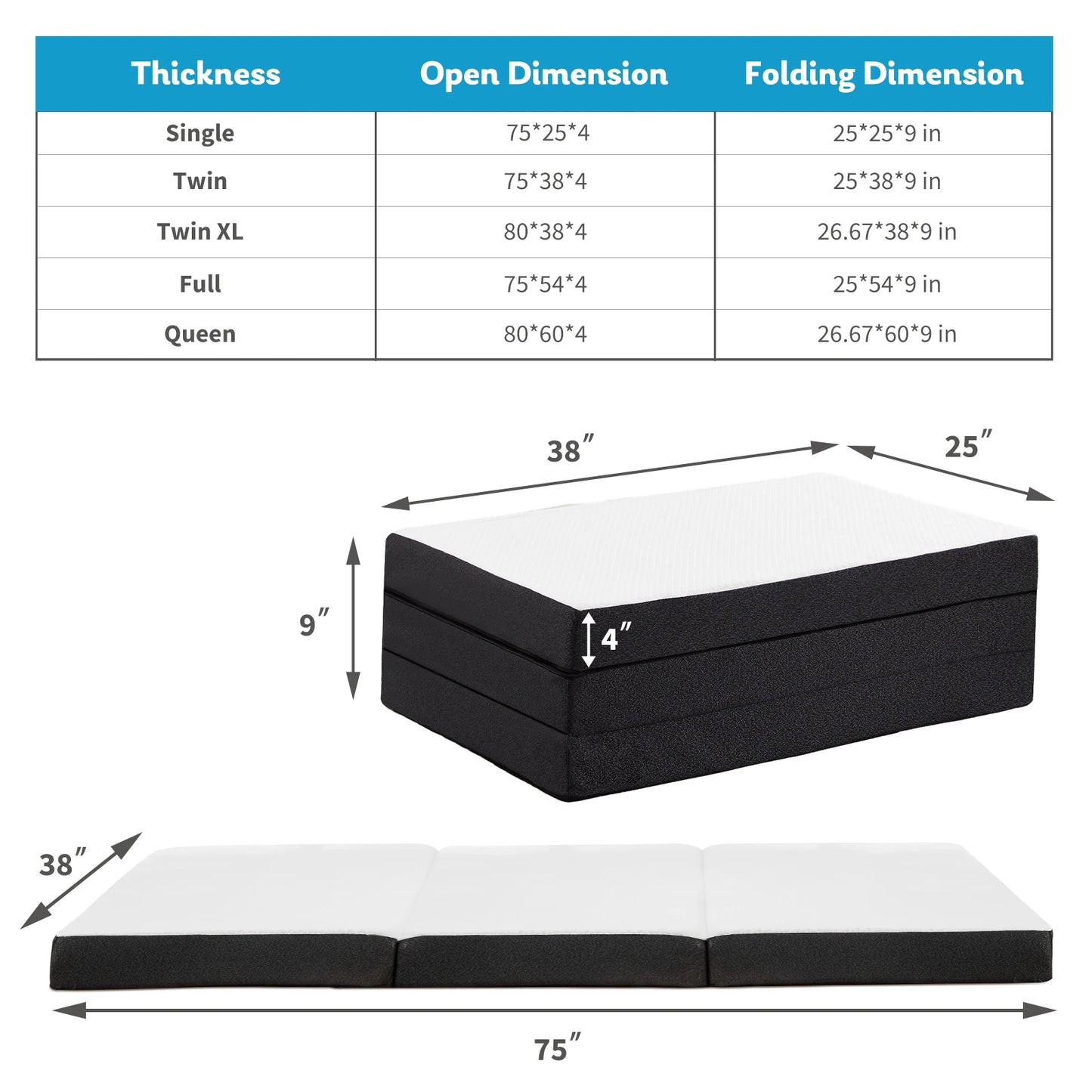 JHK Three Fold Portable Floor Bed Memory Foam For Travel And Camping