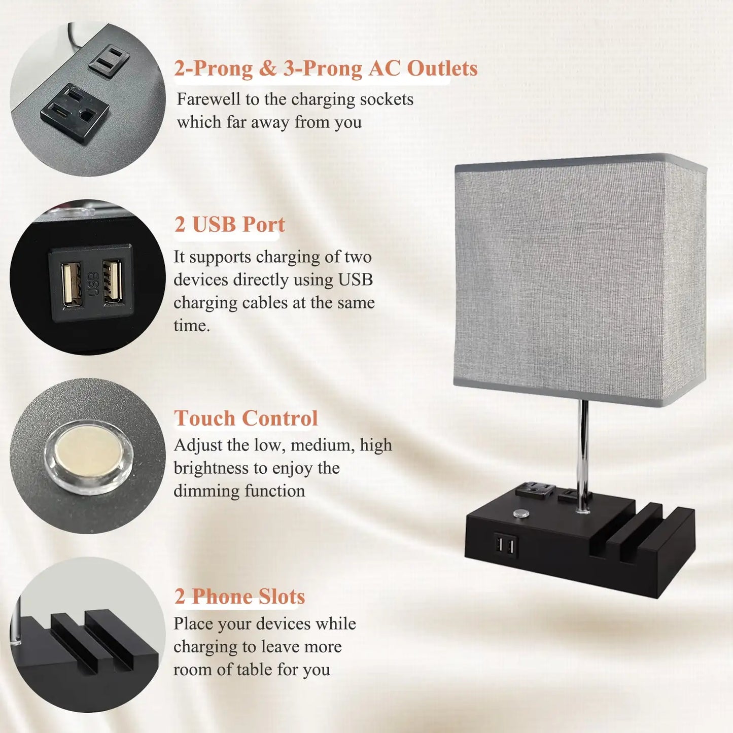 SZRSTH Bedside Table Lamp With Dual USB Fast Charging Ports