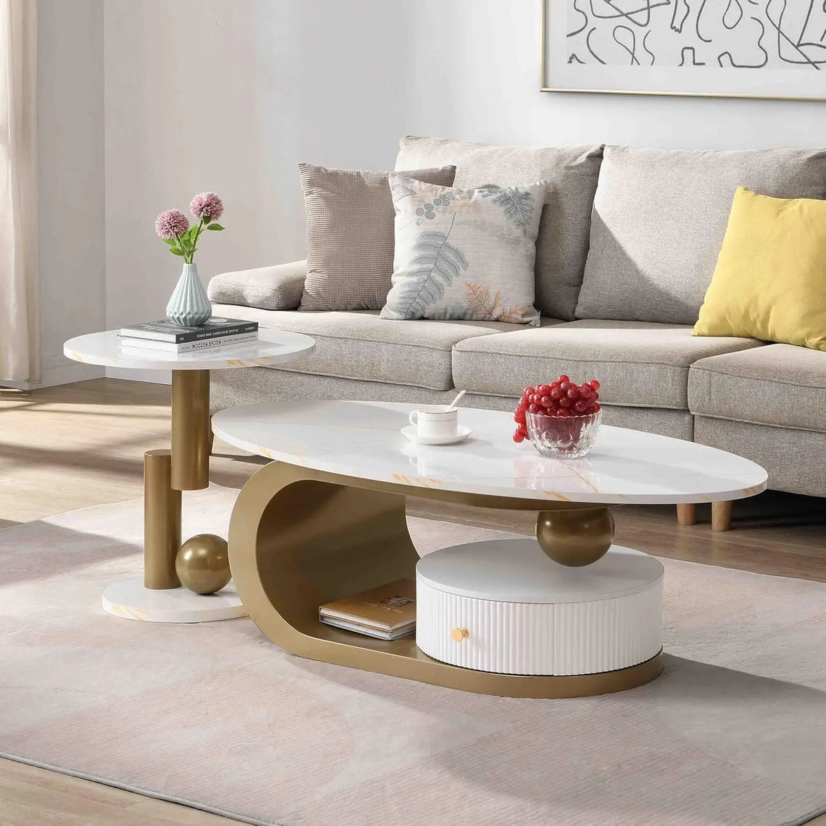 Modern Coffee Table With Sintered Stone Top And Pedestal