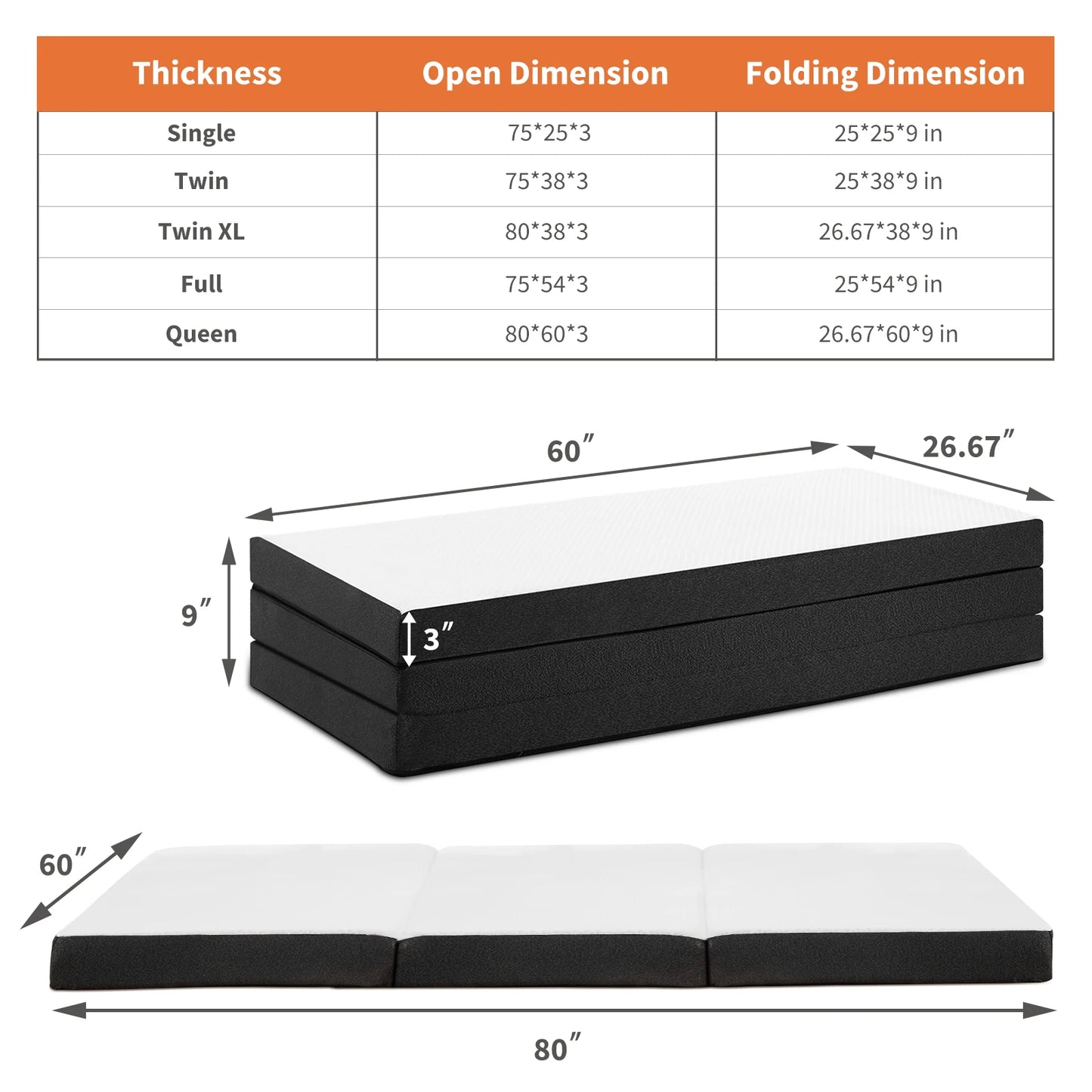 JHK Three Fold Portable Floor Bed Memory Foam For Travel And Camping