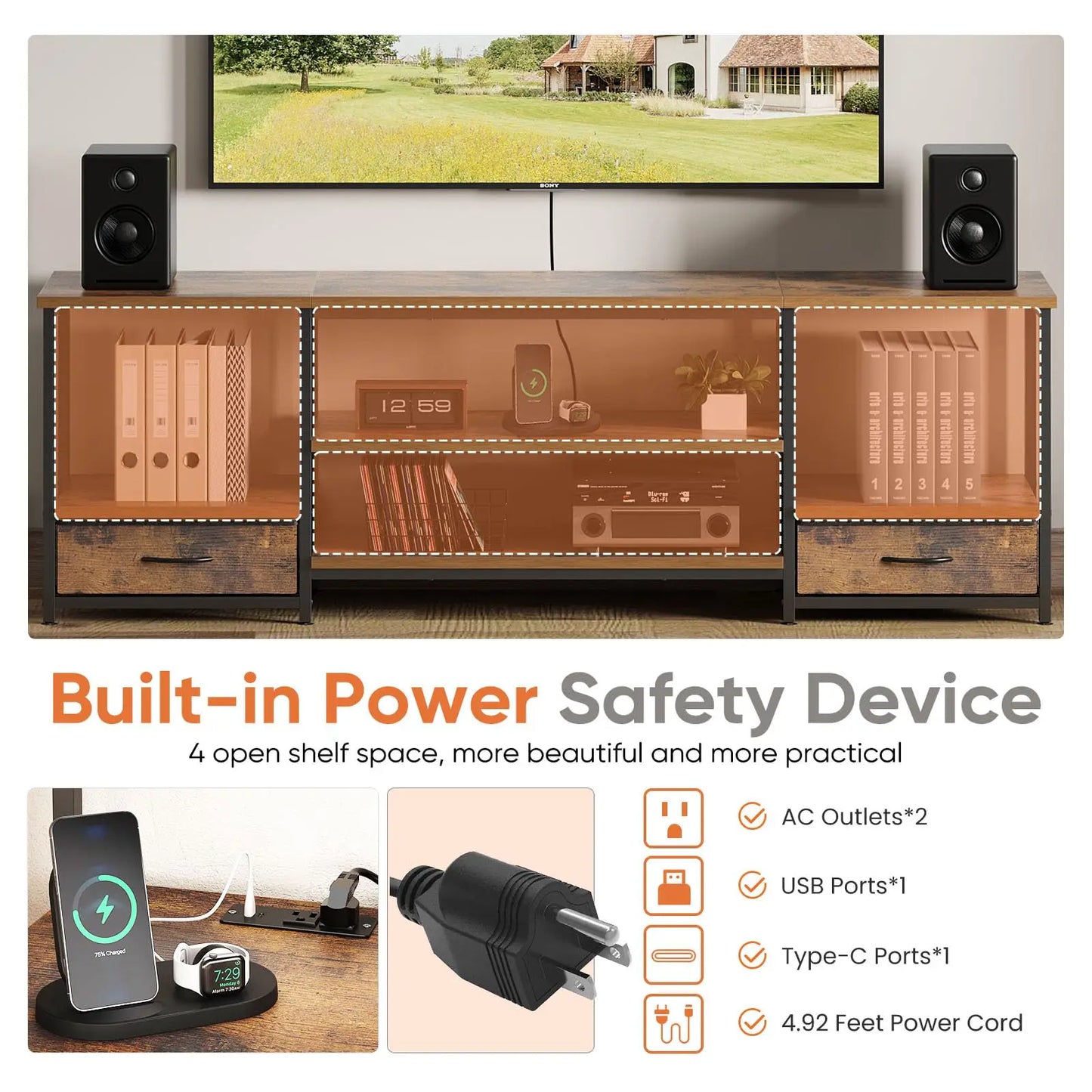 JHK Modern Wooden Tv Stand With Dual Storage Shelves