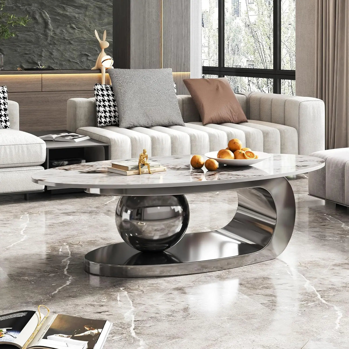 Modern Coffee Table With Sintered Stone Top And Pedestal