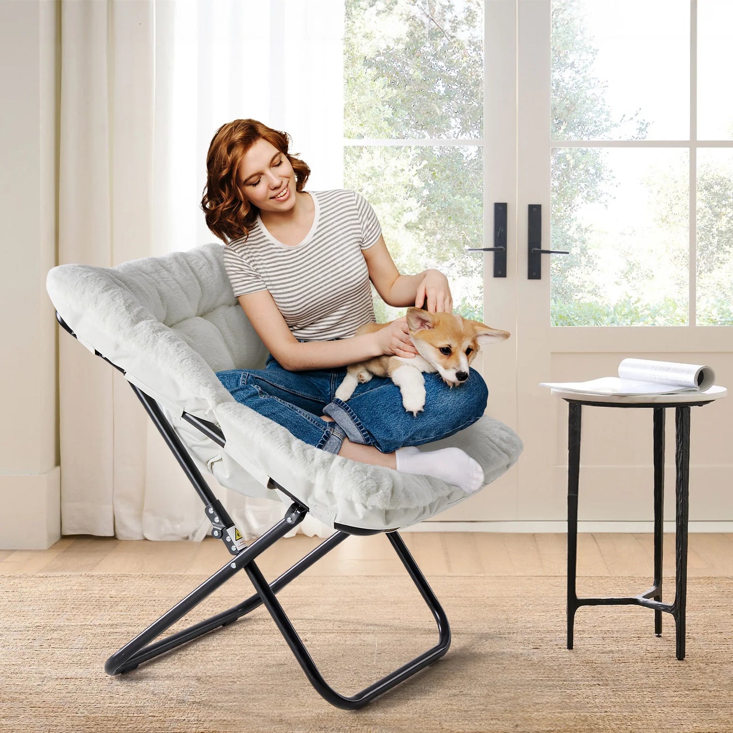 JHK Cozy Saucer Chair Faux Fur Padded Folding Lounge