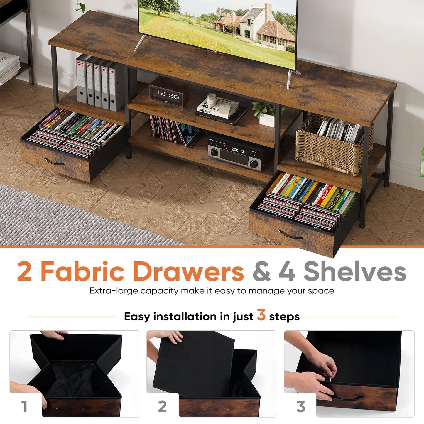JHK Modern Wooden Tv Stand With Dual Storage Shelves