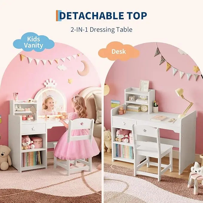 HiMISS Kids Vanity With Lights Princess Makeup Desk And Chair Set