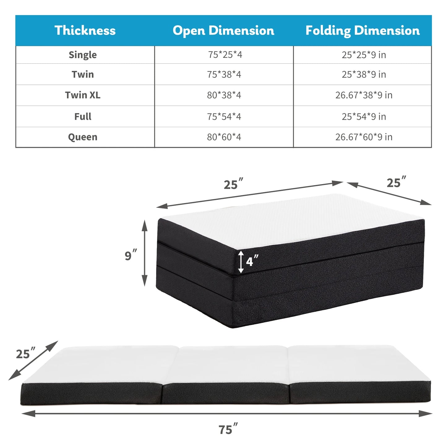 JHK Three Fold Portable Floor Bed Memory Foam For Travel And Camping