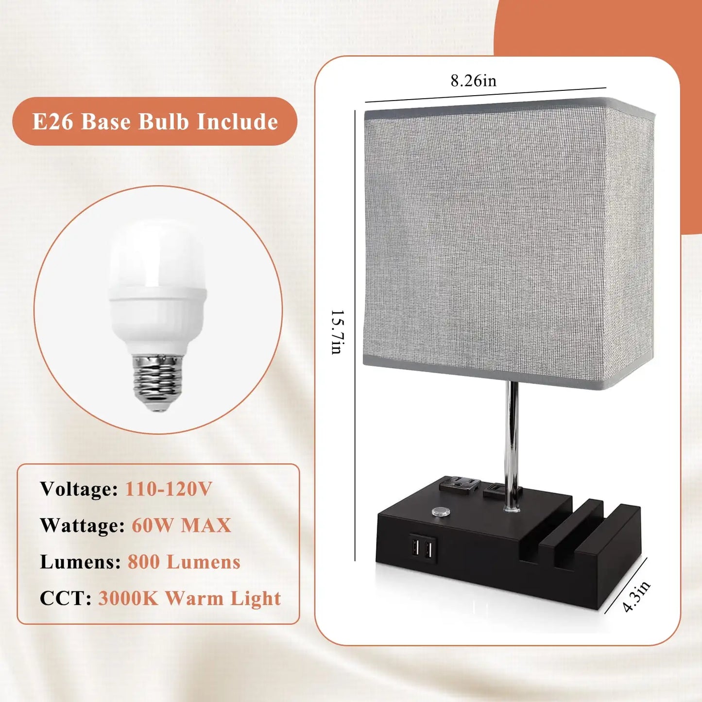 SZRSTH Bedside Table Lamp With Dual USB Fast Charging Ports