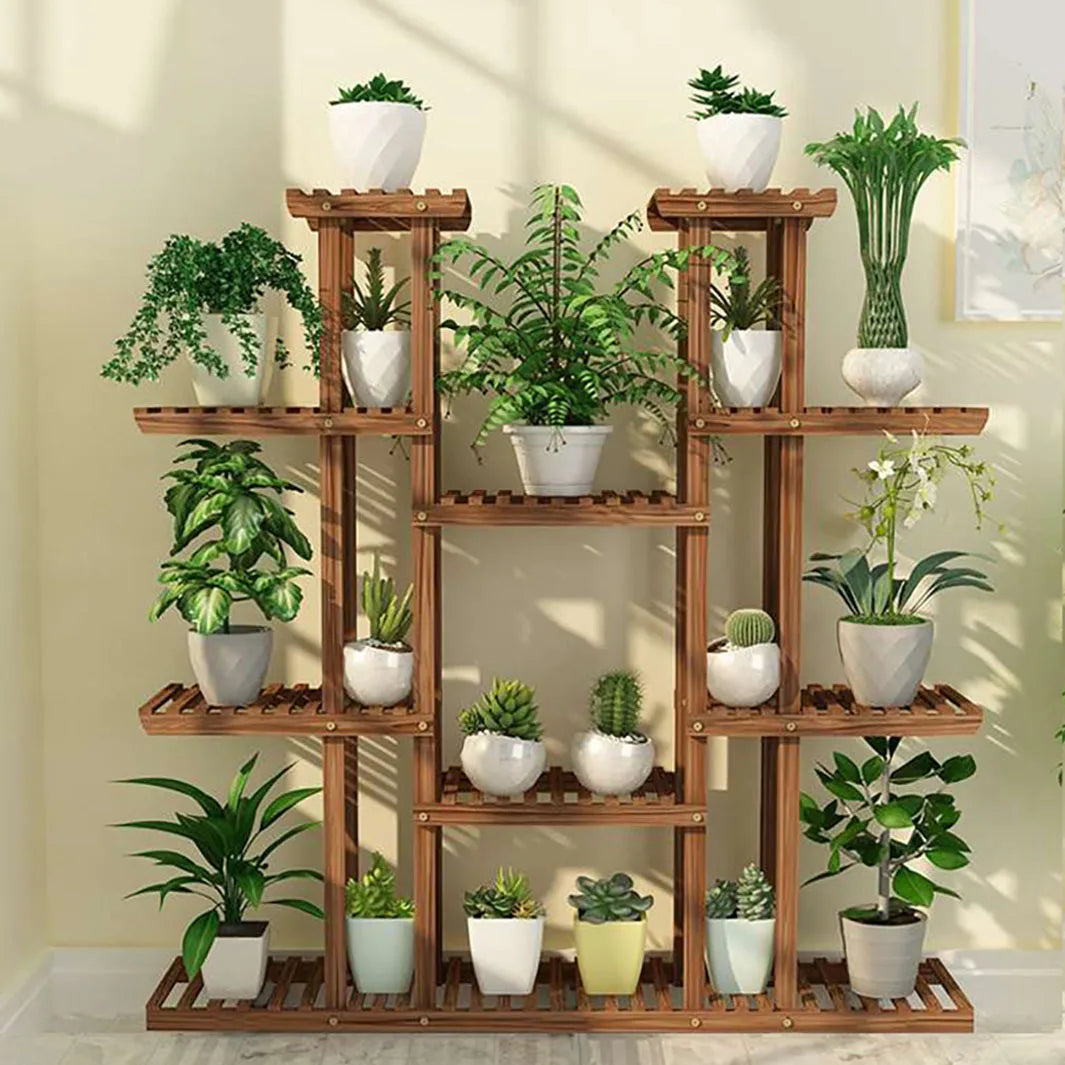 11 Tier Carbonized Wood Plant Stand Display Shelf For Indoor Outdoor