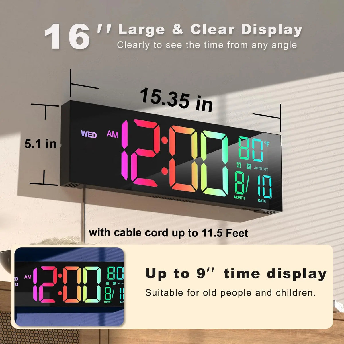 Digital Wall Clock With Remote, Timer, 8 RGB Display, Temperature