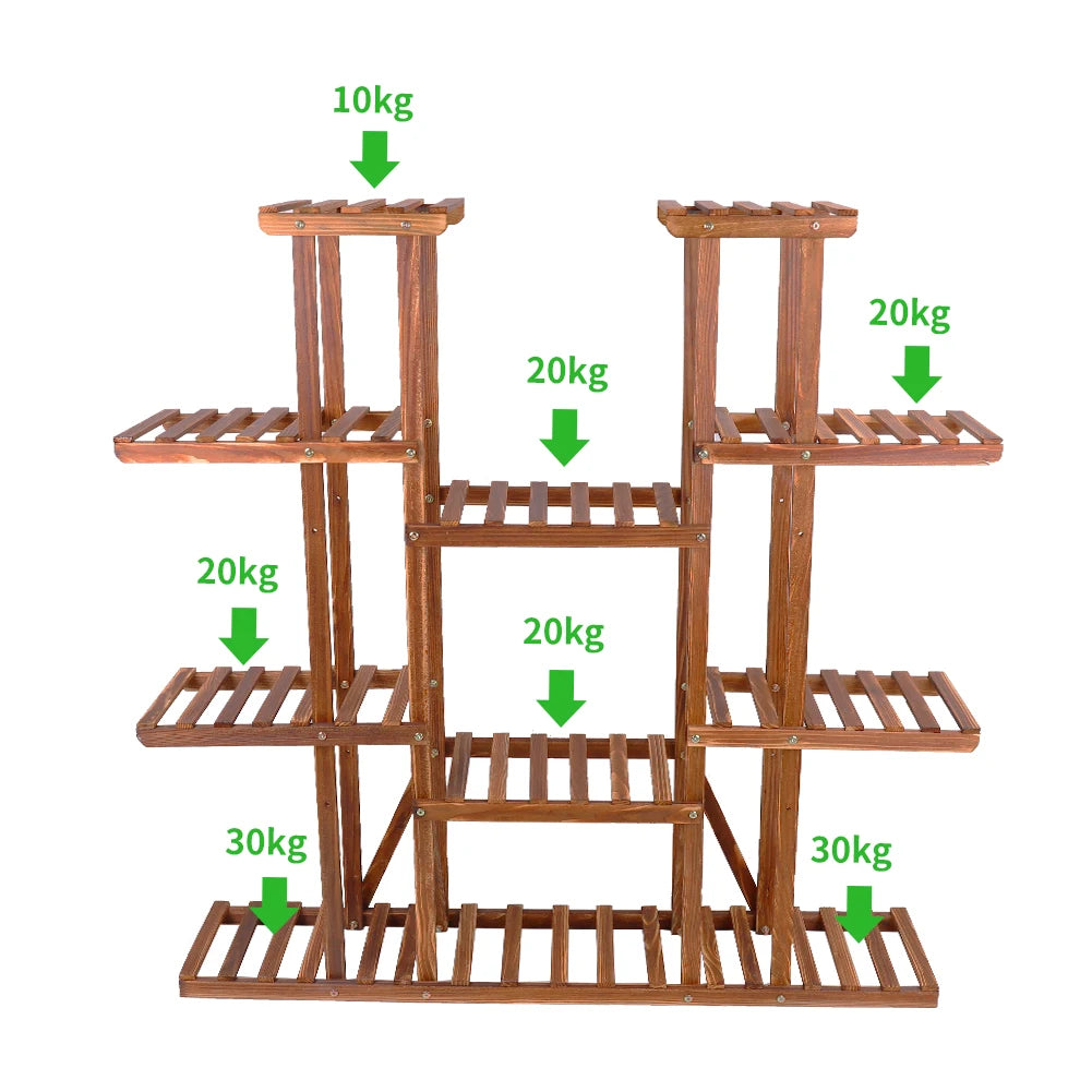 11 Tier Carbonized Wood Plant Stand Display Shelf For Indoor Outdoor