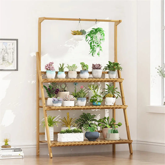 Folding Bamboo Plant Stand 3 Tier Shelf For Indoor Outdoor