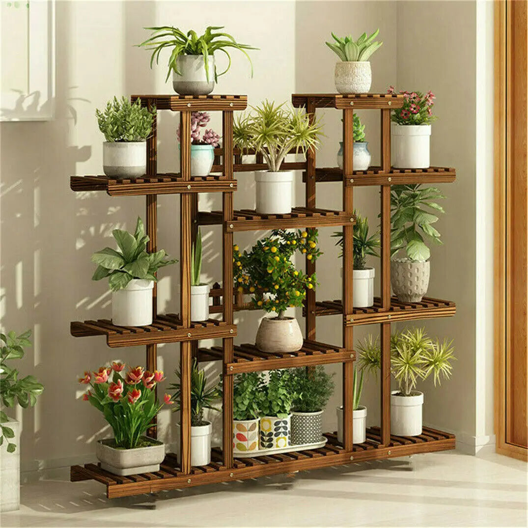 11 Tier Carbonized Wood Plant Stand Display Shelf For Indoor Outdoor
