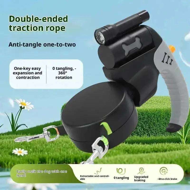 Auto Retractable Double Headed Dog Leash With LED Light For Two Dogs