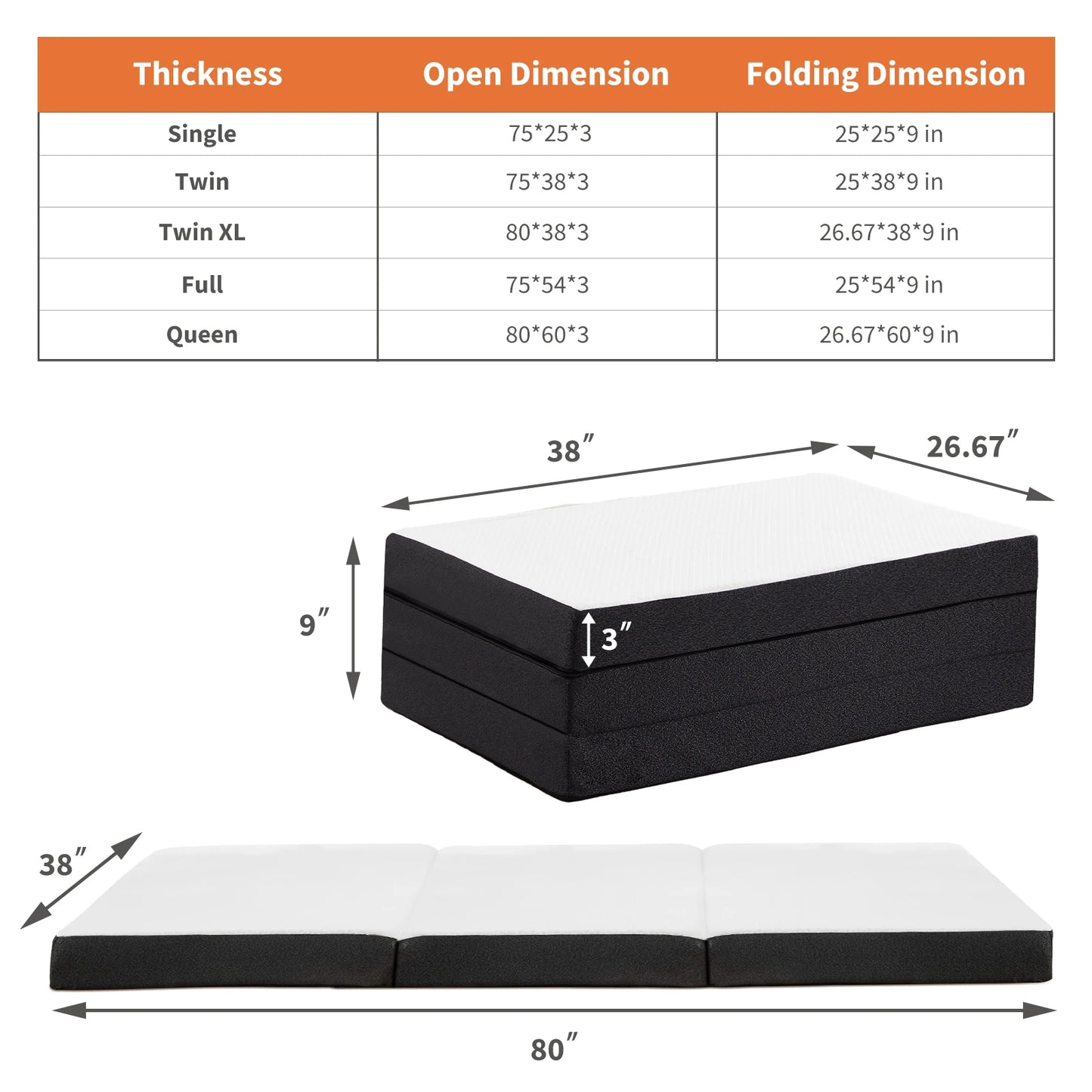 JHK Three Fold Portable Floor Bed Memory Foam For Travel And Camping