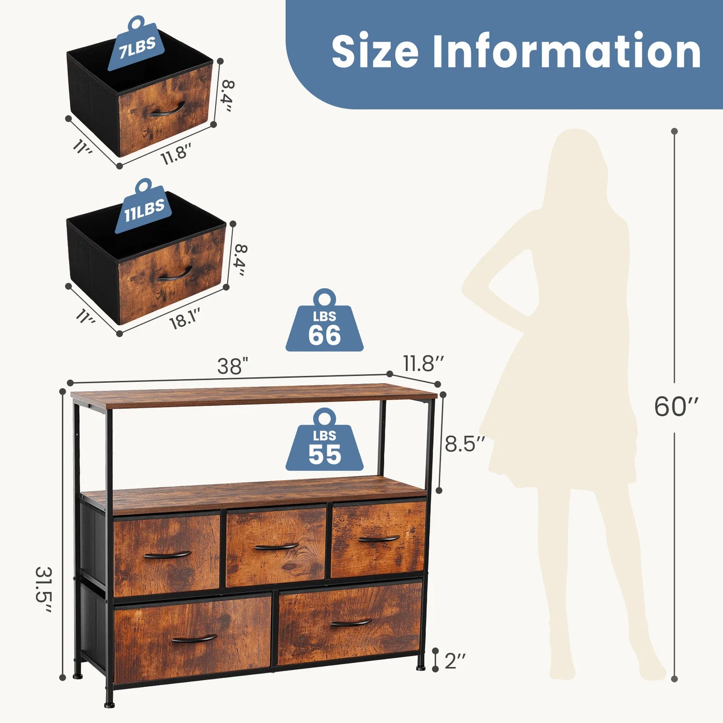 JHK Fireplace TV Stand Dresser With Fabric Drawers